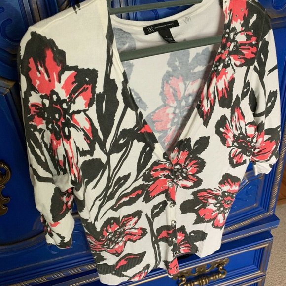 INC International Concepts Sweaters - INC Bright Pink And Jeweled Flower Cardigan Size L
